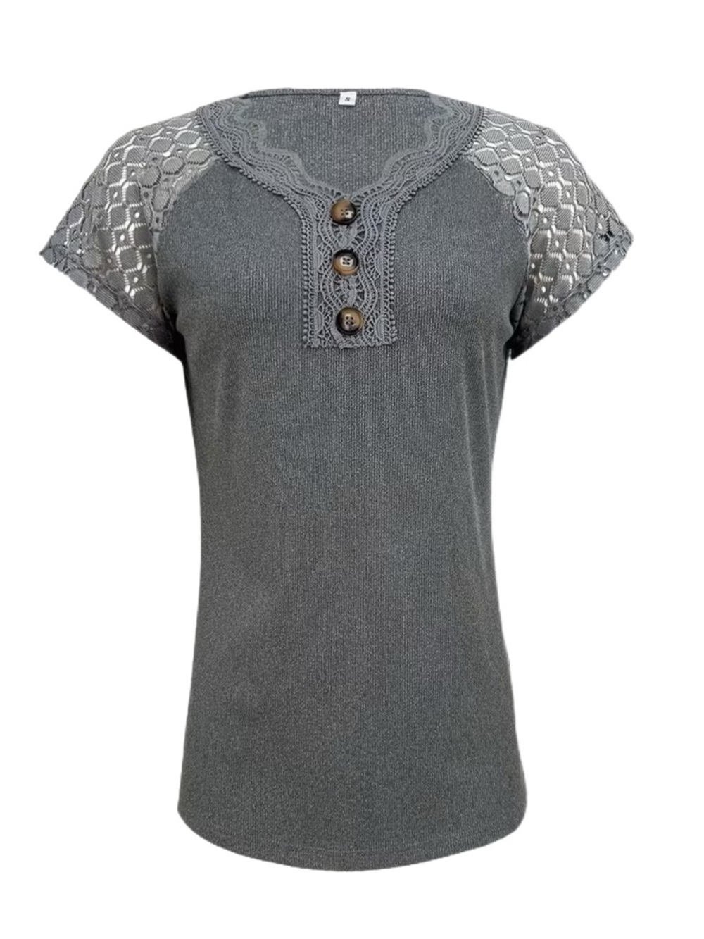 Women'S V-Neck Button Lace Collar Top with Raglan Sleeves in Gray - Size XL-NWOT